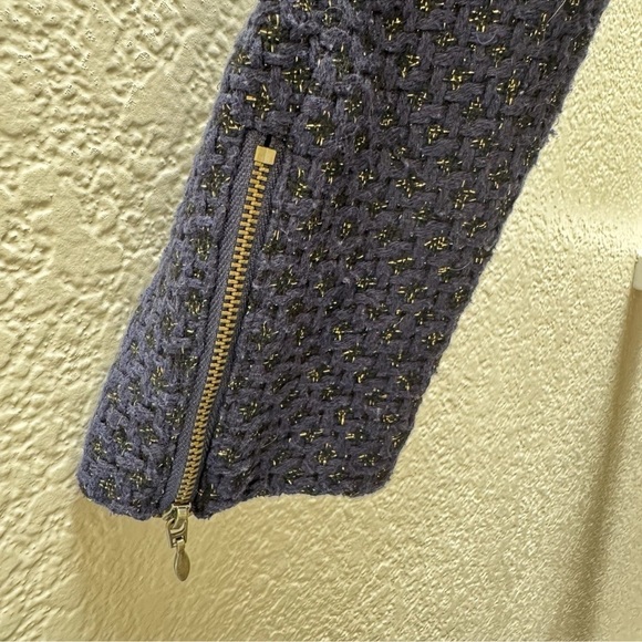 Q. Mack Blue Gold Tweed Moto Jacket Women's Size M Asymmetrical Zipper Style - Picture 9 of 11